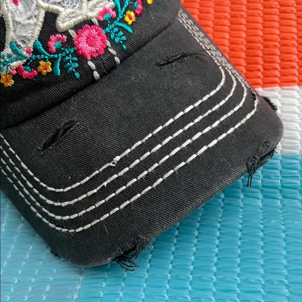 ❌SOLD❌Black Distressed Mama Cap with Floral Embroidery - Picture 9 of 10